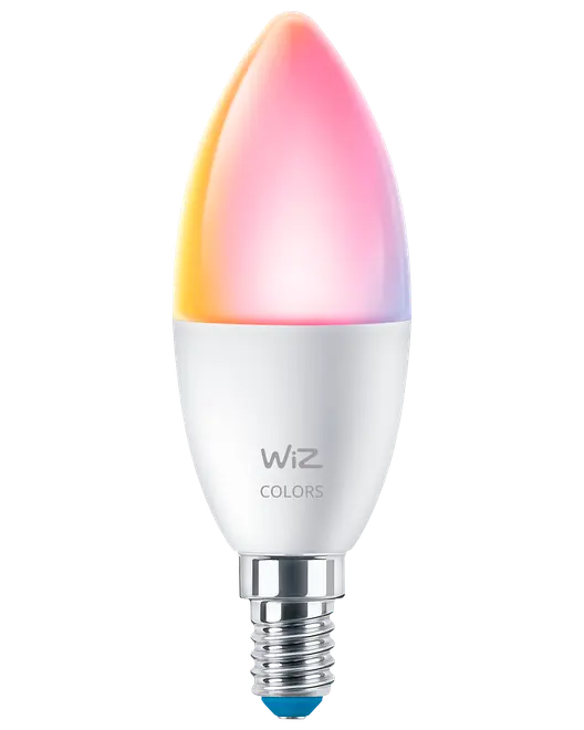 WiZ Colors smart LED-lampa med flerfärgad, ljusformad topp, vit kropp och E14-skruvsockel.