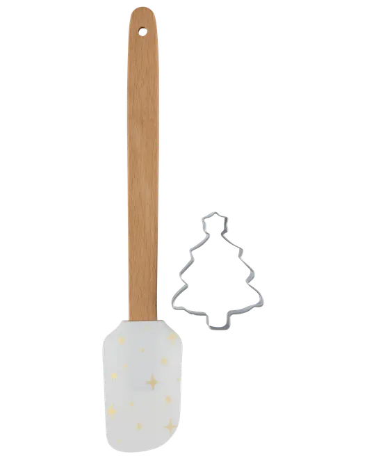 Sæt med en silikonespatel med træhåndtag og guldfarvede stjerner samt en metal-kageudstikker formet som et juletræ. Perfekt til julebagning og festlig brug.