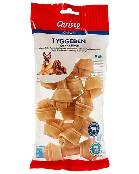 Pakke med Chrico Tyggben hundesnacks af 100% oksehud, 8 stk., med billeder af hunde og lyse knudrede tyggeben.