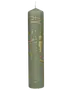 Högt grönt cylindriskt adventsljus med gyllene siffror 1–24, festliga repdetaljer, nötknäppar- och ornamentillustrationer.