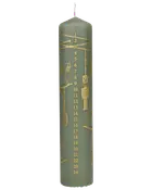 Högt grönt cylindriskt adventsljus med gyllene siffror 1–24, festliga repdetaljer, nötknäppar- och ornamentillustrationer.