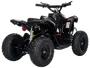 Sort elektrisk ATV med fire terrængående dæk, affjedring bagtil, brede styr, polstret sæde og baglygter. Velegnet til børn og udendørs eventyr.