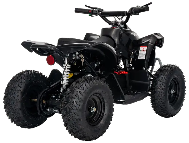 Sort elektrisk ATV med fire terrængående dæk, affjedring bagtil, brede styr, polstret sæde og baglygter. Velegnet til børn og udendørs eventyr.