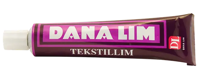 Lila Dana Lim Tekstillim-tub med vit kork och tydlig vit logotyp för textillim.