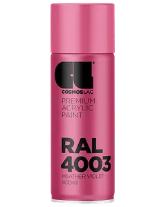 400 ml spraydåse med Cosmoslac premium akrylmaling i RAL 4003 Heather Violet, lyserød cylinder med sort og hvid mærkning for nem identifikation.