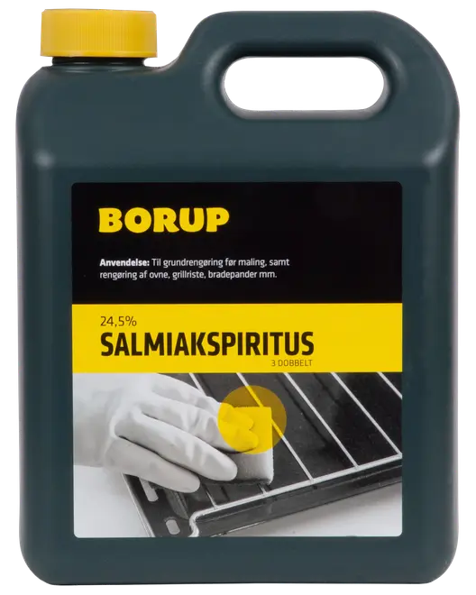 Sort plastdunk med gult låg, mærket 'Borup Salmiakspiritus 24,5%'. Til rengøring af ovne, grillriste og bradepander. Har bærehåndtag og billede af rengøringshandske.