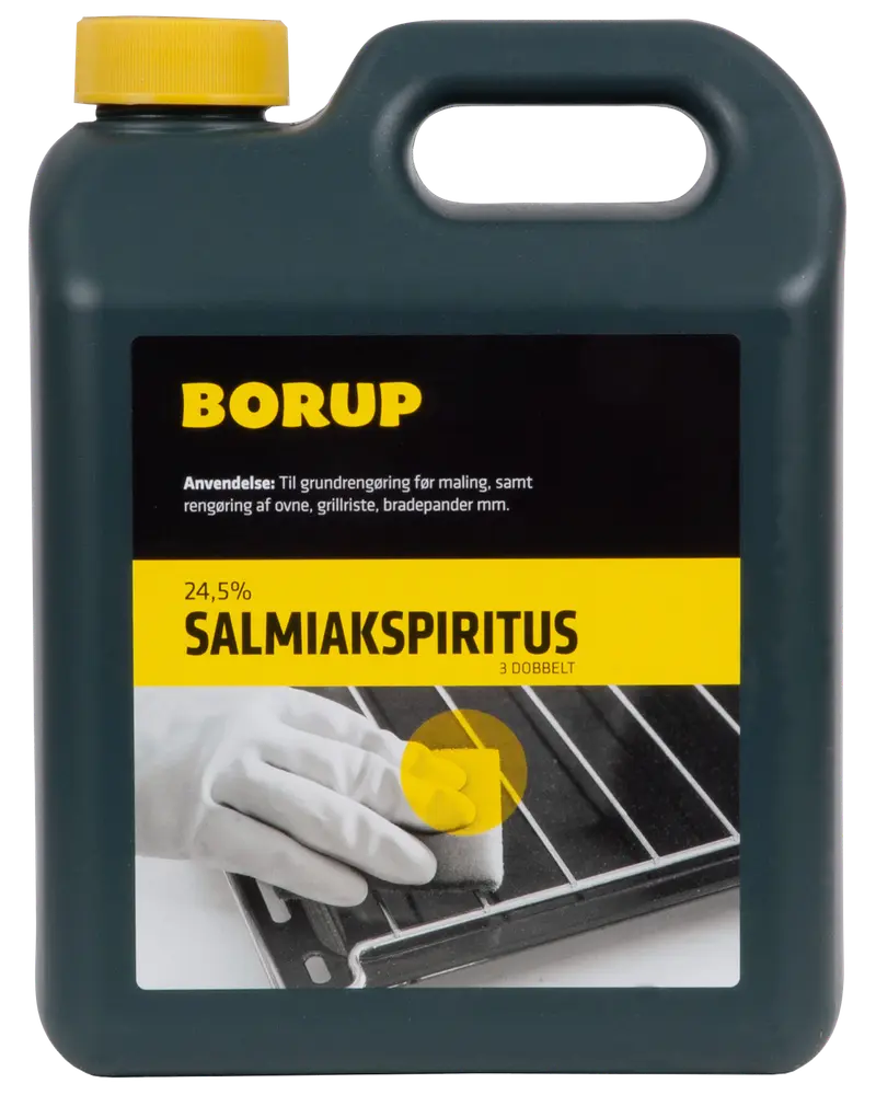 Sort plastdunk med gult låg, mærket 'Borup Salmiakspiritus 24,5%'. Til rengøring af ovne, grillriste og bradepander. Har bærehåndtag og billede af rengøringshandske.