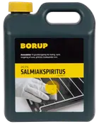 Sort plastdunk med gult låg, mærket 'Borup Salmiakspiritus 24,5%'. Til rengøring af ovne, grillriste og bradepander. Har bærehåndtag og billede af rengøringshandske.