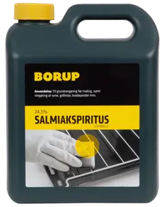 Sort plastdunk med gult låg, mærket 'Borup Salmiakspiritus 24,5%'. Til rengøring af ovne, grillriste og bradepander. Har bærehåndtag og billede af rengøringshandske.