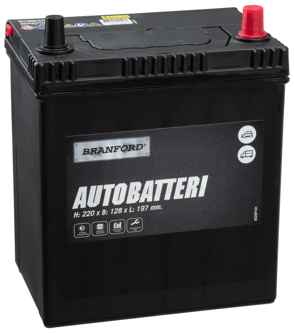 Sort Branford autobatteri med tydeligt markerede poler, egnet til biler og varevogne. Mål: 220 x 128 x 197 mm. Robust plastkabinet med tydelig produktmærkning foran.