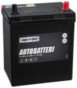 Sort Branford autobatteri med tydeligt markerede poler, egnet til biler og varevogne. Mål: 220 x 128 x 197 mm. Robust plastkabinet med tydelig produktmærkning foran.