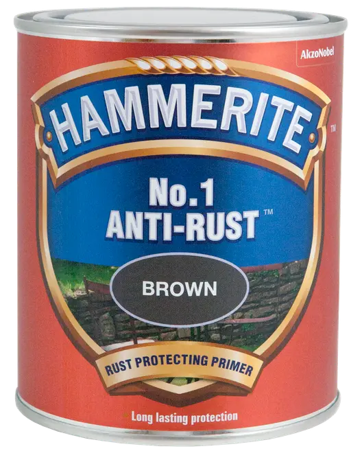 Hammerite No.1 Anti-Rust Primer, brun farve, rustbeskyttende maling til metaloverflader. Leveres i metaldåse, giver langvarig beskyttelse mod rust og korrosion.