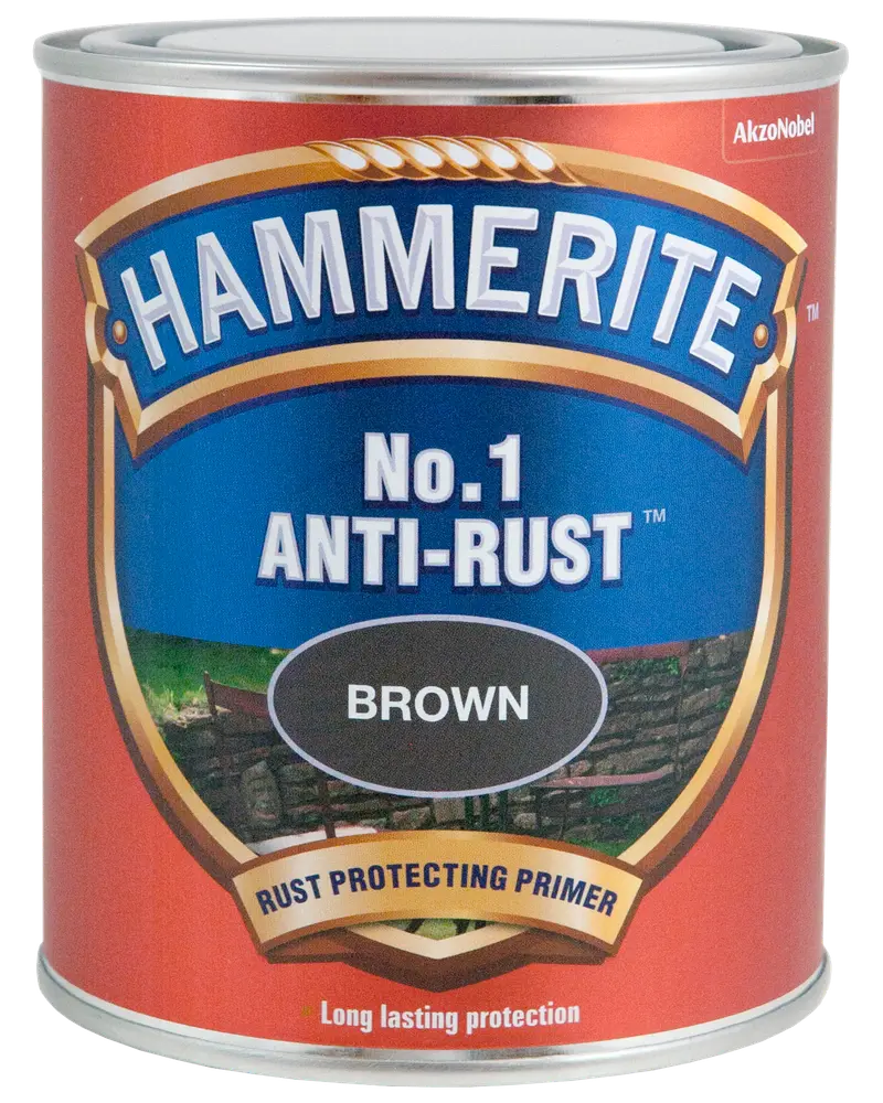Hammerite No.1 Anti-Rust Primer, brun farve, rustbeskyttende maling til metaloverflader. Leveres i metaldåse, giver langvarig beskyttelse mod rust og korrosion.
