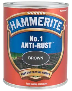 Hammerite No.1 Anti-Rust Primer, brun farve, rustbeskyttende maling til metaloverflader. Leveres i metaldåse, giver langvarig beskyttelse mod rust og korrosion.