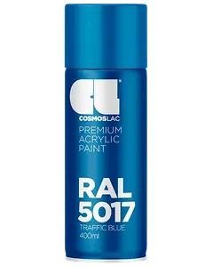 400 ml spraydåse med Cosmoslac premium akrylmaling i RAL 5017 Traffic Blue. Blank blå finish, egnet til forskellige overflader, nem at bruge spraydyse.