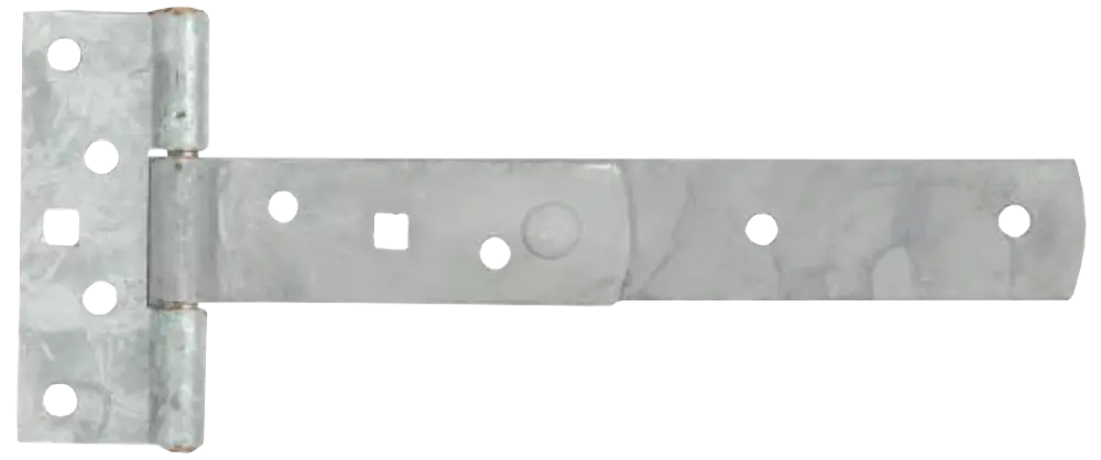Galvaniseret stål T-hængsel med flere skruehuller, velegnet til porte eller døre. Har en rektangulær soplademontage og en lang, lige arm for sikker fastgørelse.