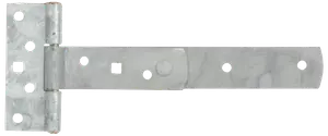 Galvaniseret stål T-hængsel med flere skruehuller, velegnet til porte eller døre. Har en rektangulær soplademontage og en lang, lige arm for sikker fastgørelse.