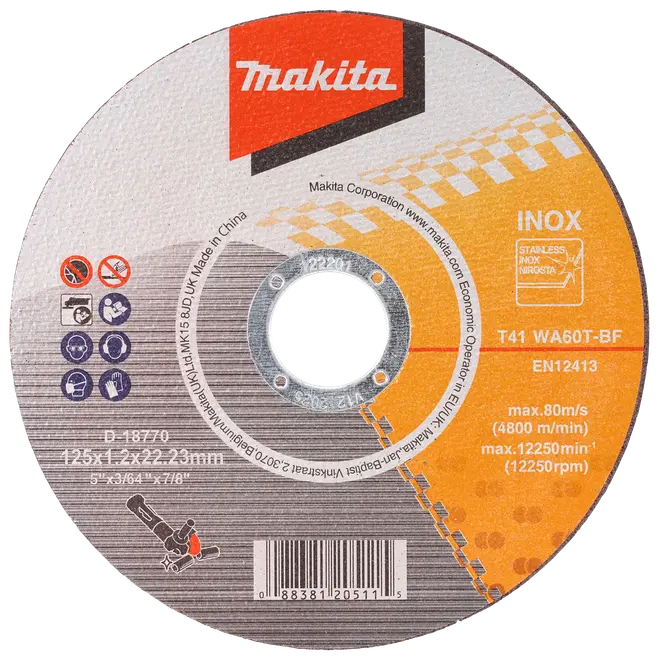 Makita skärskiva för rostfritt stål, 125x1,2x22,23mm, T41 WA60T-BF, för vinkelslip, max 12250 varv/min, lämplig för INOX, med säkerhetsikoner på etiketten.