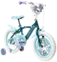 Barncykel med Frost-tema, stödhjul, vita däck, turkos ram, snöflingedekor, vadderad sadel och korg på styret. Passar små barn.