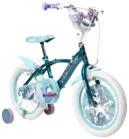 Barncykel med Frost-tema, stödhjul, vita däck, turkos ram, snöflingedekor, vadderad sadel och korg på styret. Passar små barn.