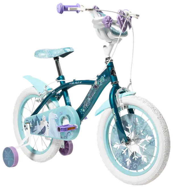 Barncykel med Frost-tema, stödhjul, vita däck, turkos ram, snöflingedekor, vadderad sadel och korg på styret. Passar små barn.