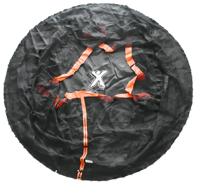 Sort modstandsfaldskærm med orange stropper og et centralt X-logo, designet til atletisk sprinttræning for at øge løbehastighed og styrke via vindmodstand.