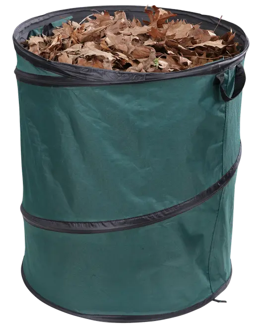 Hopfällbar grön trädgårdssäck med svarta kanter och handtag, fylld med torra löv. Tillverkad av slitstarkt tyg, perfekt för trädgårdsavfall eller gräsklipp.