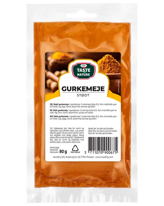 80g återförslutningsbar plastpåse med malen gurkmeja från Taste of Nature. Klargult-orange kryddpulver, lämpligt för matlagning. Ingredienser och instruktioner på baksidan.