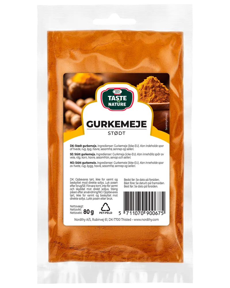 80g återförslutningsbar plastpåse med malen gurkmeja från Taste of Nature. Klargult-orange kryddpulver, lämpligt för matlagning. Ingredienser och instruktioner på baksidan.