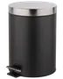 Rund sort pedalspand i metal med låg i rustfrit stål og fodpedal for håndfri åbning. Kompakt størrelse, ideel til badeværelser eller små rum. Moderne, minimalistisk design.