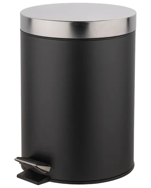 Rund sort pedalspand i metal med låg i rustfrit stål og fodpedal for håndfri åbning. Kompakt størrelse, ideel til badeværelser eller små rum. Moderne, minimalistisk design.