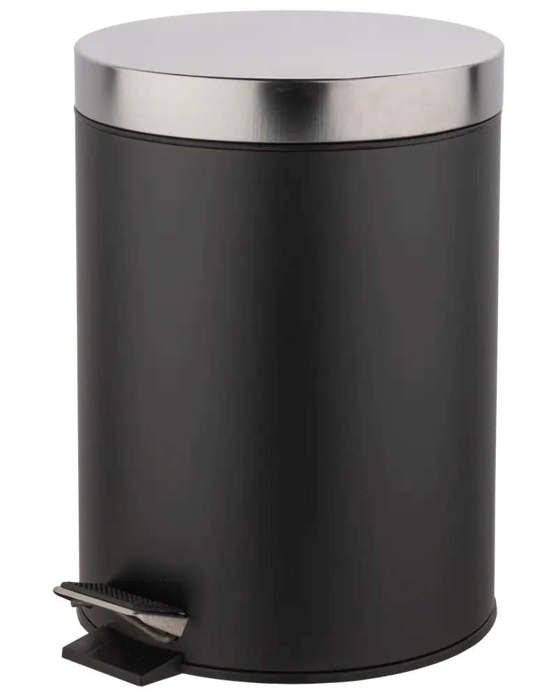 Rund svart pedalhink i metall med lock i rostfritt stål och fotpedal för handsfree-öppning. Kompakt storlek, perfekt för badrum eller små utrymmen. Modern, minimalistisk design.