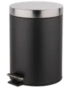 Rund svart pedalhink i metall med lock i rostfritt stål och fotpedal för handsfree-öppning. Kompakt storlek, perfekt för badrum eller små utrymmen. Modern, minimalistisk design.