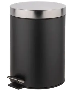 Rund svart pedalhink i metall med lock i rostfritt stål och fotpedal för handsfree-öppning. Kompakt storlek, perfekt för badrum eller små utrymmen. Modern, minimalistisk design.