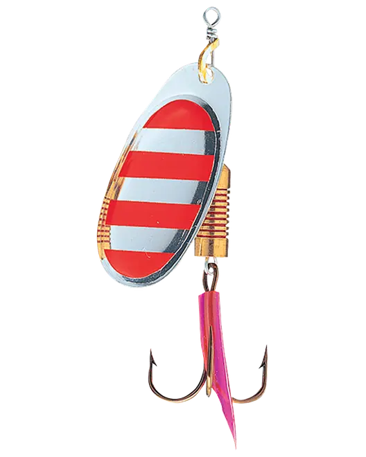 Rød- og sølvstribet fiskelokke med oval spinnerblad, trekrog i metal, guldfarvet svirvel og pink hale.