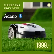 Hvid og sort Adano robotplæneklipper med Bluetooth, fire hjul og lav profil til automatisk græsslåning.