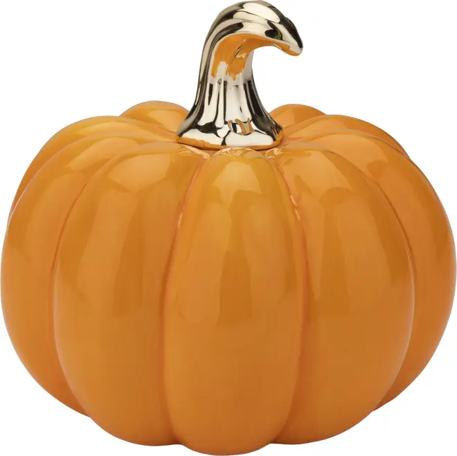 Keramisk græskarpynt med blank orange overflade og skinnende guldfarvet stilk. Glat, rund form, perfekt til efterårs- eller Halloween-dekoration.