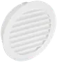 Rundt hvidt plast ventilationsdæksel med skrå lameller til luftgennemstrømning, beregnet til væg- eller loftmontering, velegnet til ventilationssystemer i hjem eller kontorer.