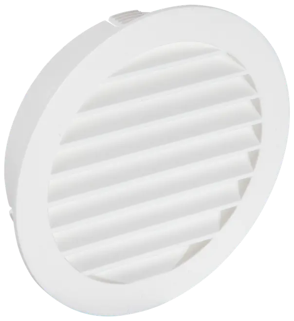 Rundt hvidt plast ventilationsdæksel med skrå lameller til luftgennemstrømning, beregnet til væg- eller loftmontering, velegnet til ventilationssystemer i hjem eller kontorer.