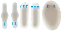 Sæt med fem hvide plast ortodontiske voksapplikatorer med blå pile, designet til nem påføring og fjernelse af voks på tandbøjler eller apparater.