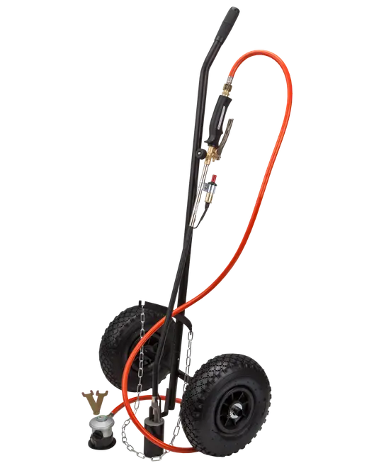 Robust propanbrænder med hjulvogn, store luftfyldte dæk, langt håndtag og orange slange. Ideel til nem mobilitet og udendørs ukrudtsbekæmpelse eller overfladebehandling.
