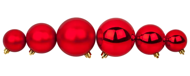 Sæt med seks blanke røde julekugler i forskellige størrelser, hver med en guldfarvet ophæng. Glat, reflekterende overflade, perfekt til juletræspynt eller dekoration.