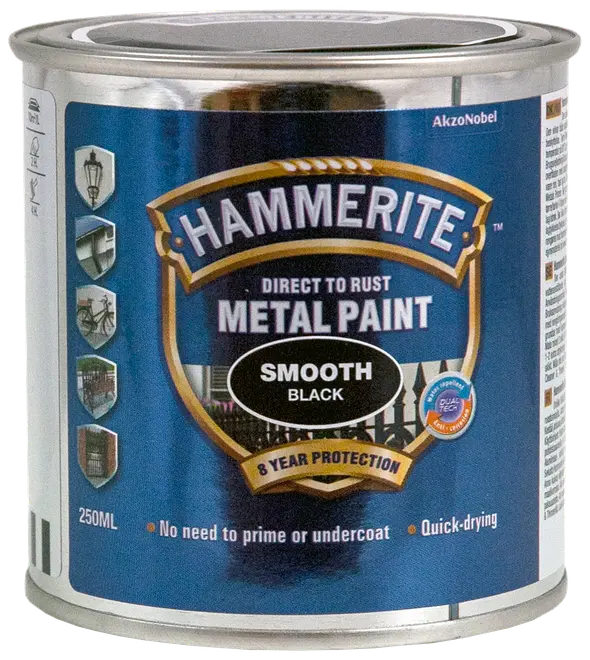 Hammerite glat sort metalmaling, 250 ml dåse. Kan påføres direkte på rust, ingen grunding nødvendig, hurtigtørrende, giver 8 års beskyttelse. Til metaloverflader.