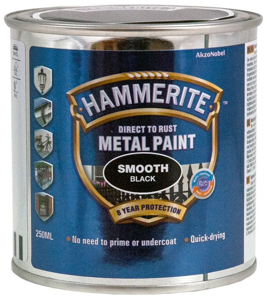 Hammerite glat sort metalmaling, 250 ml dåse. Kan påføres direkte på rust, ingen grunding nødvendig, hurtigtørrende, giver 8 års beskyttelse. Til metaloverflader.
