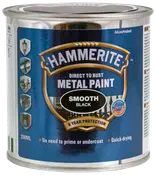 Hammerite glat sort metalmaling, 250 ml dåse. Kan påføres direkte på rust, ingen grunding nødvendig, hurtigtørrende, giver 8 års beskyttelse. Til metaloverflader.