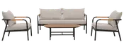 Udendørs møbelsæt med to lænestole, en trepersoners sofa og et ovalt sofabord. Beige hynder, sorte metalstel og armlæn samt bordplade i træ.