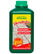 Grøn plastflaske med ECOstyle UkrudtsFri ukrudtsmiddel koncentrat, 1 liter, gul og rød etiket med løfte om hurtig og effektiv virkning på 3 timer.