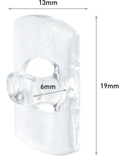 Klar plastkrok, 19 mm hög, 13 mm bred, 6 mm öppning. Rektangulär med rundade kanter, passar för lätt upphängning eller visning.