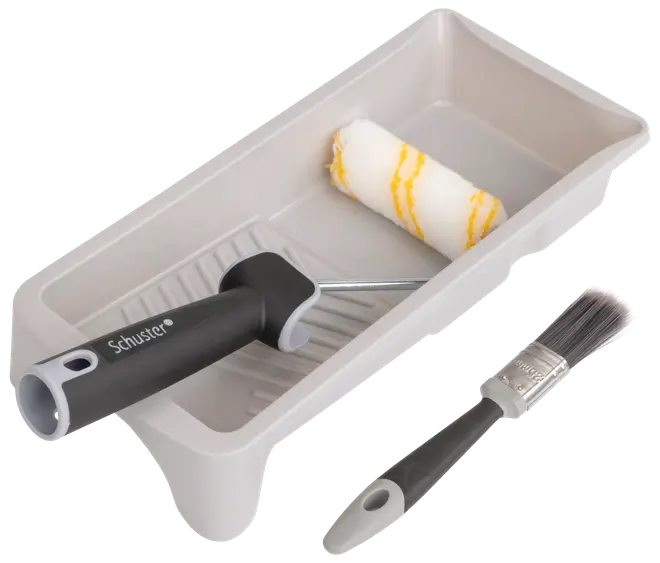 Malersæt med grå bakke, lille rulle med hvid og gul dækning, ergonomisk sort håndtag og detaljebørste med sort håndtag og grå spids, ideel til små projekter.