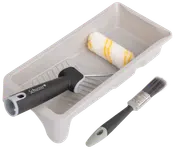 Malersæt med grå bakke, lille rulle med hvid og gul dækning, ergonomisk sort håndtag og detaljebørste med sort håndtag og grå spids, ideel til små projekter.